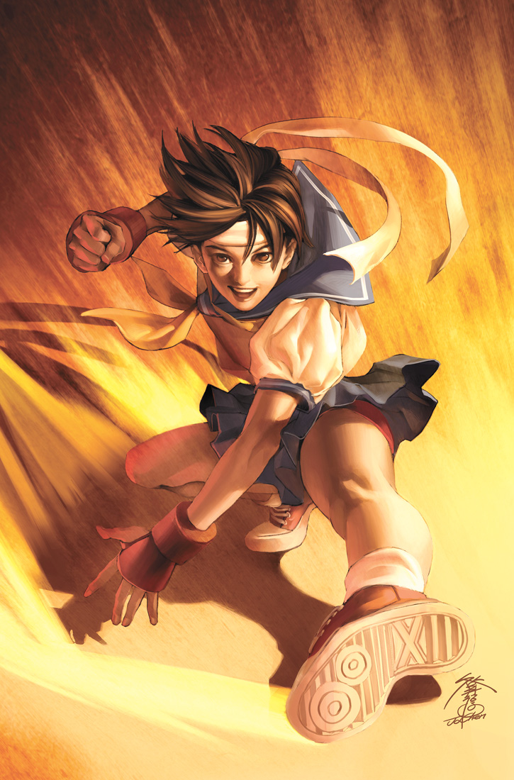 jo chen, udon entertainment, kasugano sakura, capcom, street fighter, official art, 1girl, :d, blue sailor collar, brown eyes, brown hair, buruma, clenched hand, female focus, fighting stance, fingerless gloves, floating hair, full body, gloves, gradient background, hair between eyes, headband, legs, looking at viewer, miniskirt, motion blur, necktie, open mouth, pleated skirt, realistic, sailor collar, school uniform, serafuku, shadow, shirt, shoes, short hair, signature, skirt, smile, sneakers, socks, solo, spread legs, tiptoes, upskirt
