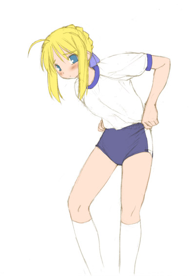 kasuga yukihito, artoria pendragon (fate), saber (fate), fate/stay night, fate (series), 00s, alternate costume, buruma, gym uniform, single vertical stripe, solo