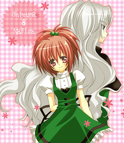 aoi nagisa, hanazono shizuma, strawberry panic!, silver hair, lowres, 00s, 2girls, back-to-back, blush, buttons, checkered background, collar, cowboy shot, dress, green dress, long hair, looking at viewer, multiple girls, puffy short sleeves, puffy sleeves, red eyes, red hair, short hair, short sleeves, simple background, smile, very long hair, wavy hair
