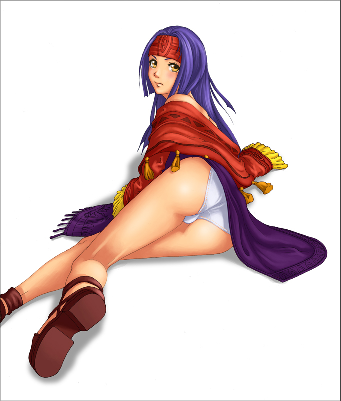 thor (deep rising), sanaki kirsch altina, fire emblem, fire emblem: path of radiance, fire emblem: radiant dawn, nintendo, 1girl, ass, blue hair, female focus, headband, long hair, lying, panties, pantyshot, sandals, solo, underwear, white panties, yellow eyes