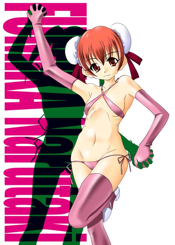 k.m.station, narutaki fumika, mahou sensei negima!, 00s, bun cover, double bun, elbow gloves, flat chest, gloves, holding hands, leg lift, lowleg, lowleg panties, midriff, panties, red eyes, red hair, shadow, short hair, side-tie panties, smile, solo, thighhighs, underwear