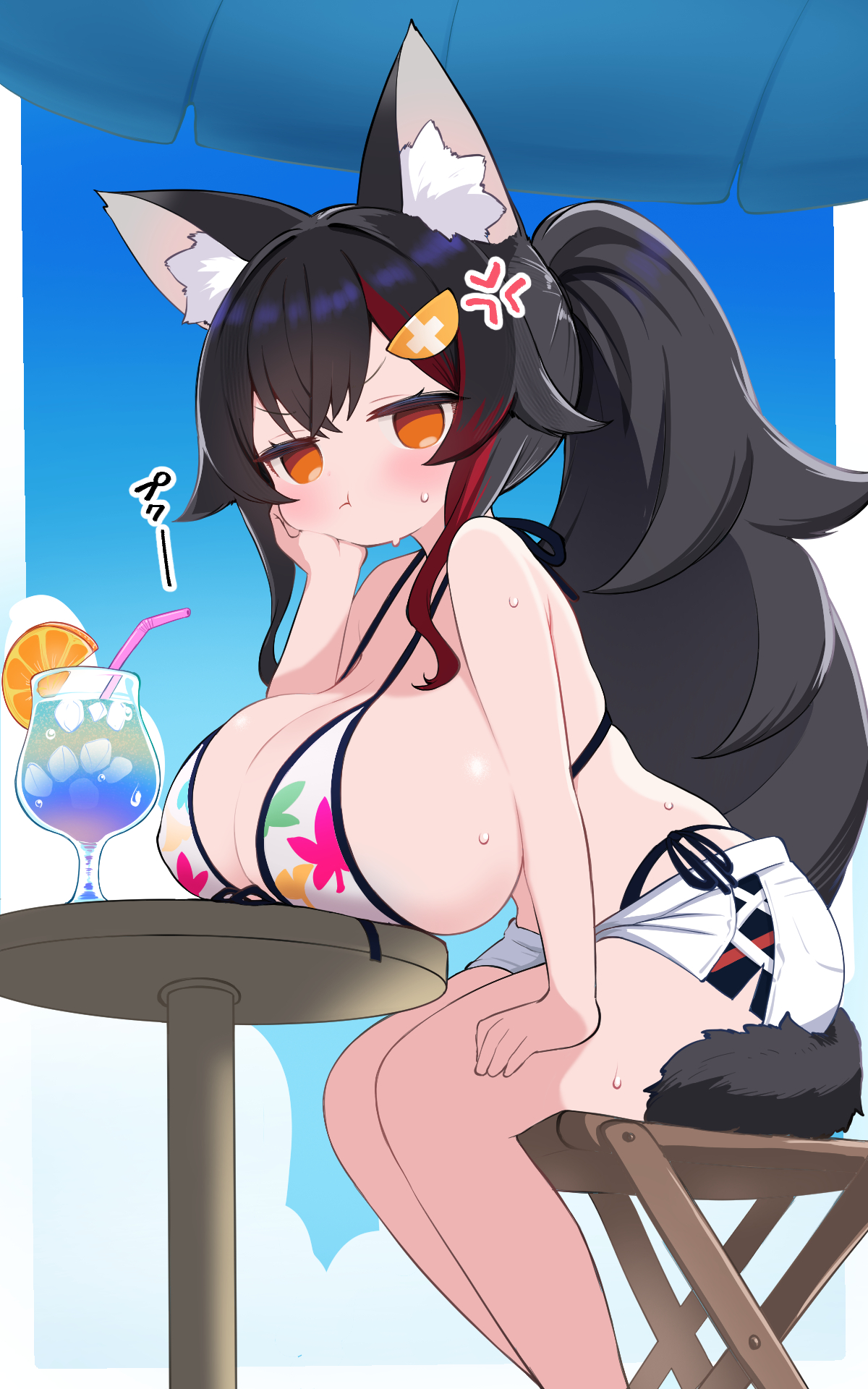 kani bonara, ookami mio, hololive, highres, 1girl, animal ears, bikini, breasts, large breasts, solo, swimsuit, tail, virtual youtuber, wolf ears, wolf girl, wolf tail