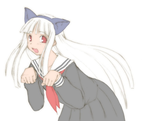 kasuga yukihito, aisaka sayo, mahou sensei negima!, lowres, 00s, 1girl, animal ears, black shirt, blouse, cat ears, fake animal ears, female focus, leaning forward, long hair, neckerchief, paw pose, red eyes, red neckerchief, school uniform, serafuku, shirt, simple background, solo, standing, white background, white hair