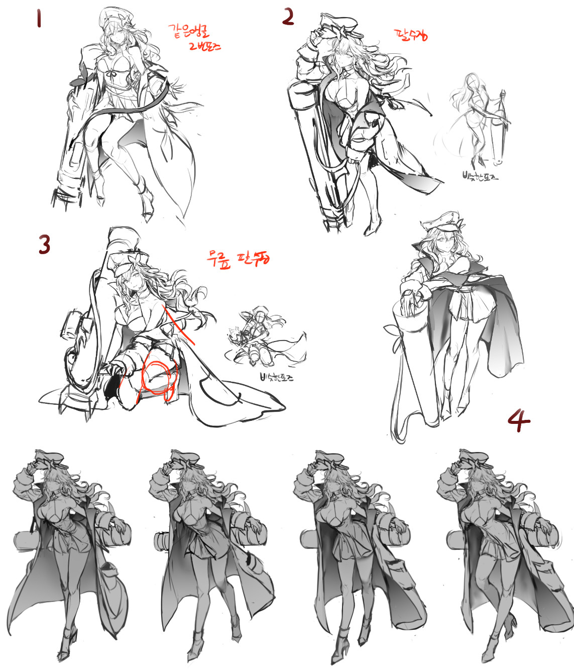 ezu (leejiyu), king's raid, commentary request, concept art, highres, korean commentary, official art, translation request, 1girl, cannon, coat, coat partially removed, floating clothes, floating hair, full body, greyscale, hat, high heels, holding, holding unworn clothes, holding unworn hat, isna (king's raid), kneeling, korean text, long coat, long hair, monochrome, multiple views, off shoulder, unworn hat, unworn headwear, weapon, weapon on back