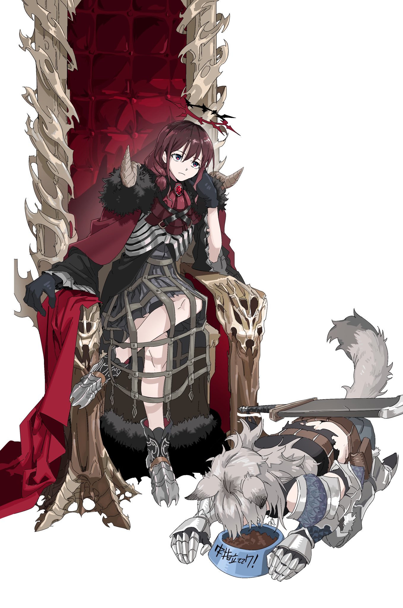 iseri nina, kawaragi momoka, girls band cry, girls band cry rpg, commentary request, highres, korean commentary, 2girls, animal ears, armored boots, belt, black gloves, boots, cape, closed mouth, crinoline, feral instincts, gloves, grey hair, halo, kemonomimi mode, maldaliza0818, multiple girls, red brooch, red cape, red eyes, red hair, short twintails, simple background, sitting, sword, sword on back, tail, throne, twintails, weapon, weapon on back, white background, wolf ears, wolf girl, wolf tail