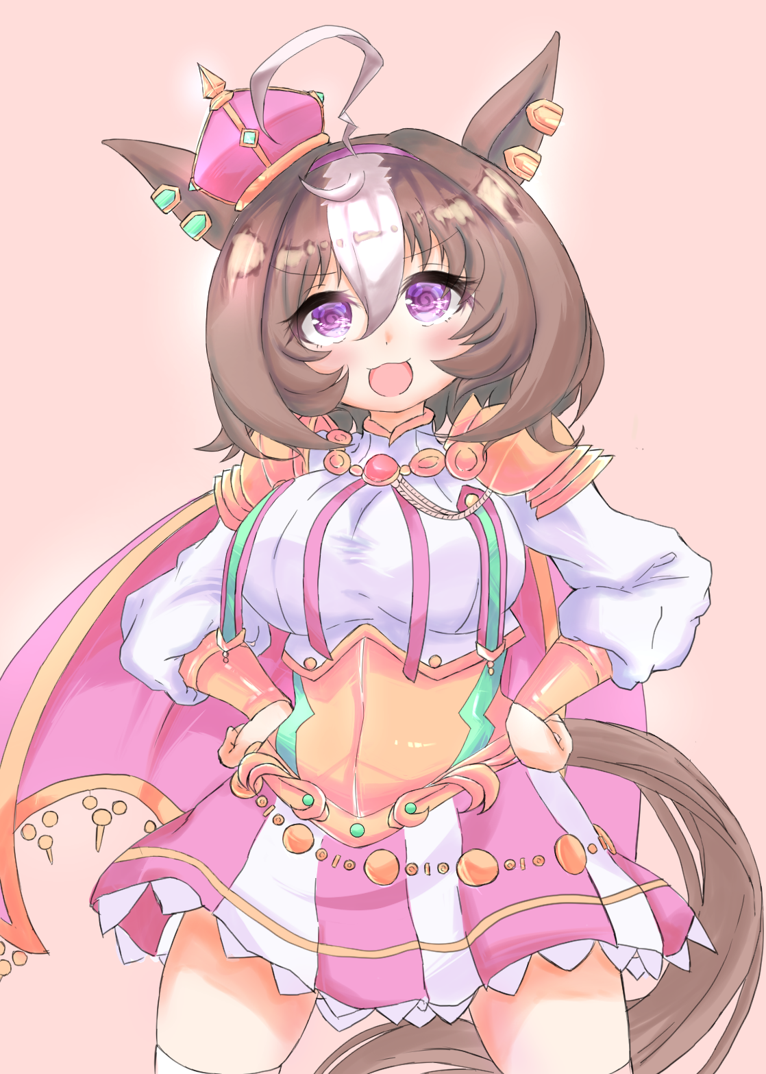 norippe (user zgsf8872), meisho doto (umamusume), t.m. opera o (o sole suo!) (umamusume), t.m. opera o (umamusume), umamusume, commentary request, highres, 1girl, :d, @ @, ahoge, animal ears, breasts, brown background, brown hair, cosplay, crown, hairband, hands on own hips, horse ears, horse girl, horse tail, large breasts, long sleeves, mini crown, multicolored hair, open mouth, pink hairband, pink skirt, puffy long sleeves, puffy sleeves, purple eyes, shirt, skirt, smile, solo, standing, t.m. opera o (umamusume) (cosplay), tail, thighhighs, tilted headwear, two-tone hair, two-tone skirt, white hair, white shirt, white skirt, white thighhighs