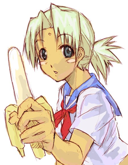 haruka shiya, kaolla su, love hina, 1girl, banana, bindi, blush stickers, dark-skinned female, dark skin, female focus, food, foreshortening, fruit, holding, holding food, holding fruit, school uniform, serafuku, sexually suggestive, simple background, sketch, solo