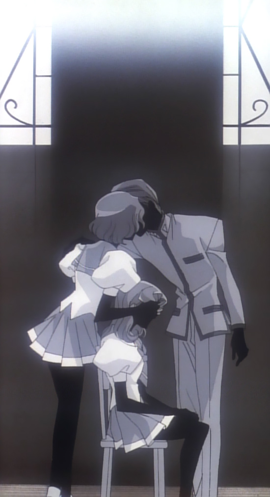 arisugawa juri, takatsuki shiori, shoujo kakumei utena, 1990s (style), 1boy, 2girls, chair, covering own eyes, formal clothes, from side, greyscale, indoors, kiss, monochrome, multiple girls, pants, pantyhose, pleated skirt, puffy short sleeves, puffy sleeves, retro artstyle, sailor collar, short sleeves, silhouette, sitting, skirt, suit, window