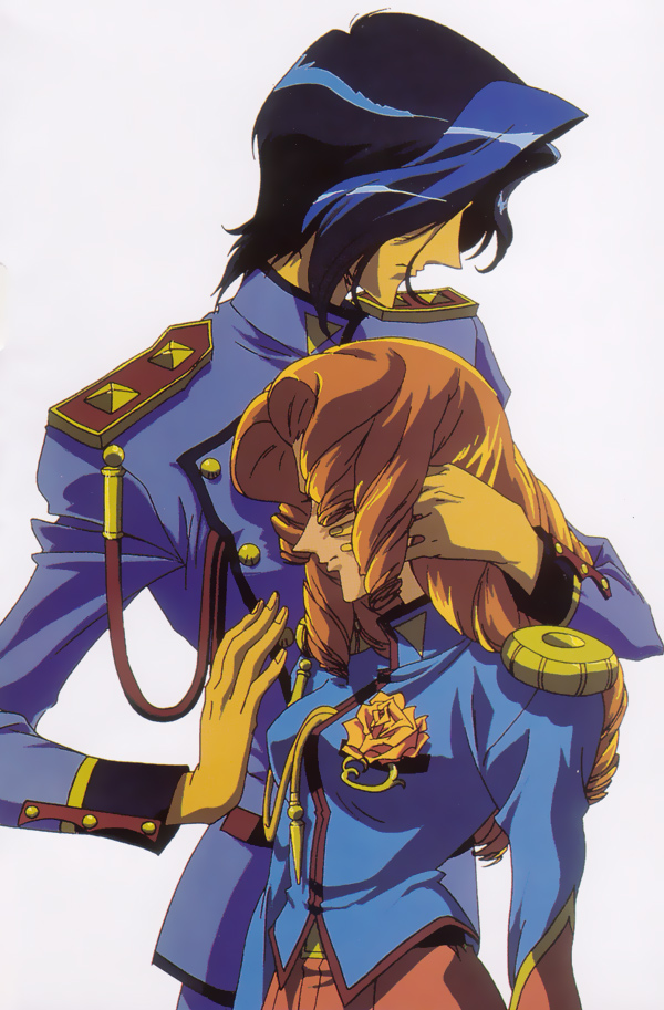 arisugawa juri, tsuchiya ruka, shoujo kakumei utena, official art, 1990s (style), 1boy, 1girl, aiguillette, blue hair, boutonniere, flower, frown, high collar, orange flower, orange hair, orange pants, orange rose, pants, retro artstyle, rose, standing, white background