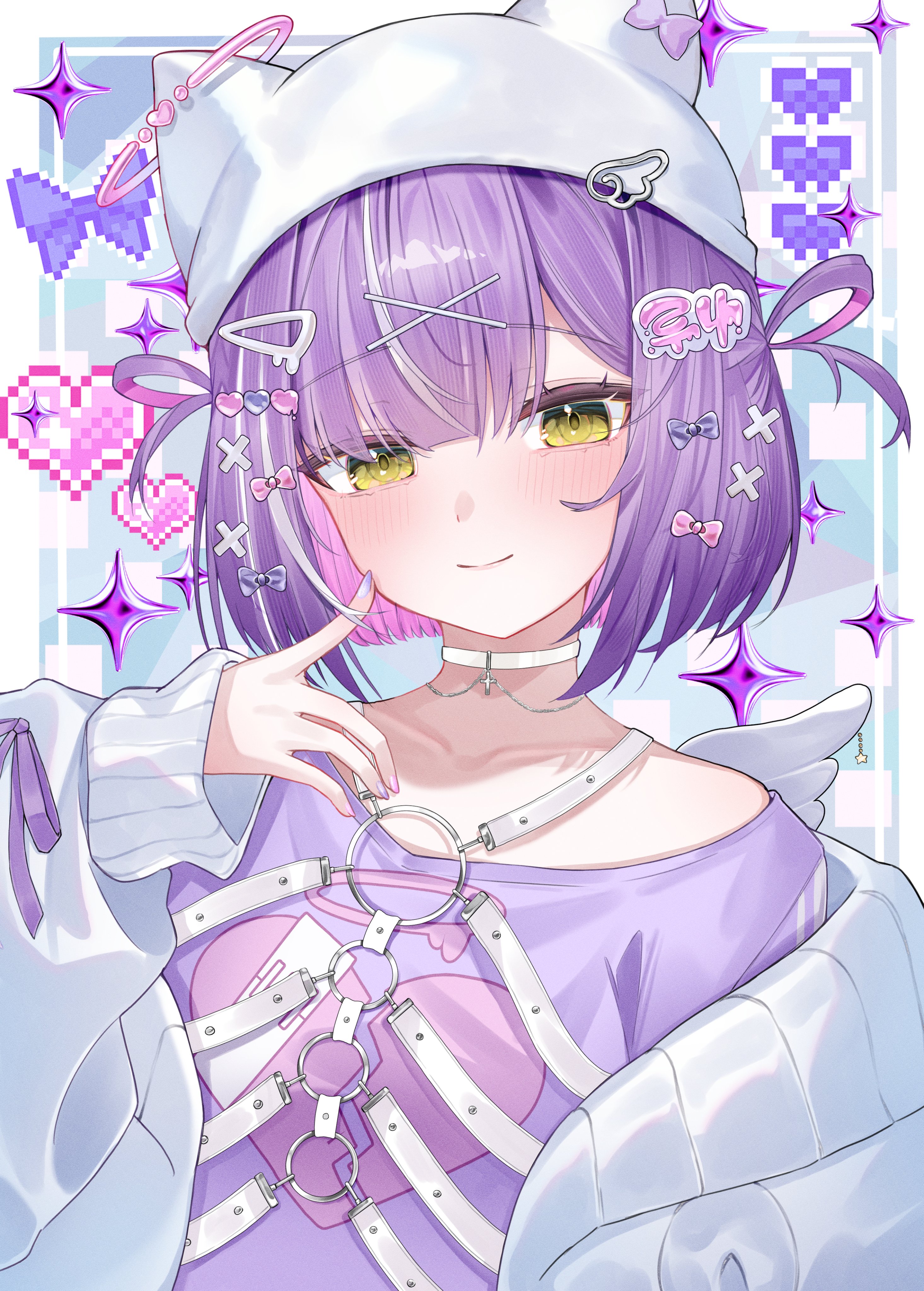 5uma1, shinomiya runa, vspo!, absurdres, highres, 1girl, blush, bow, choker, closed mouth, colored inner hair, green eyes, hair ornament, hairclip, halo, hat, heart, jacket, long sleeves, looking at viewer, multicolored hair, o-ring, off shoulder, open clothes, pink hair, purple bow, purple hair, purple shirt, shirt, short hair, smile, solo, upper body, virtual youtuber, white choker, x hair ornament, yellow eyes