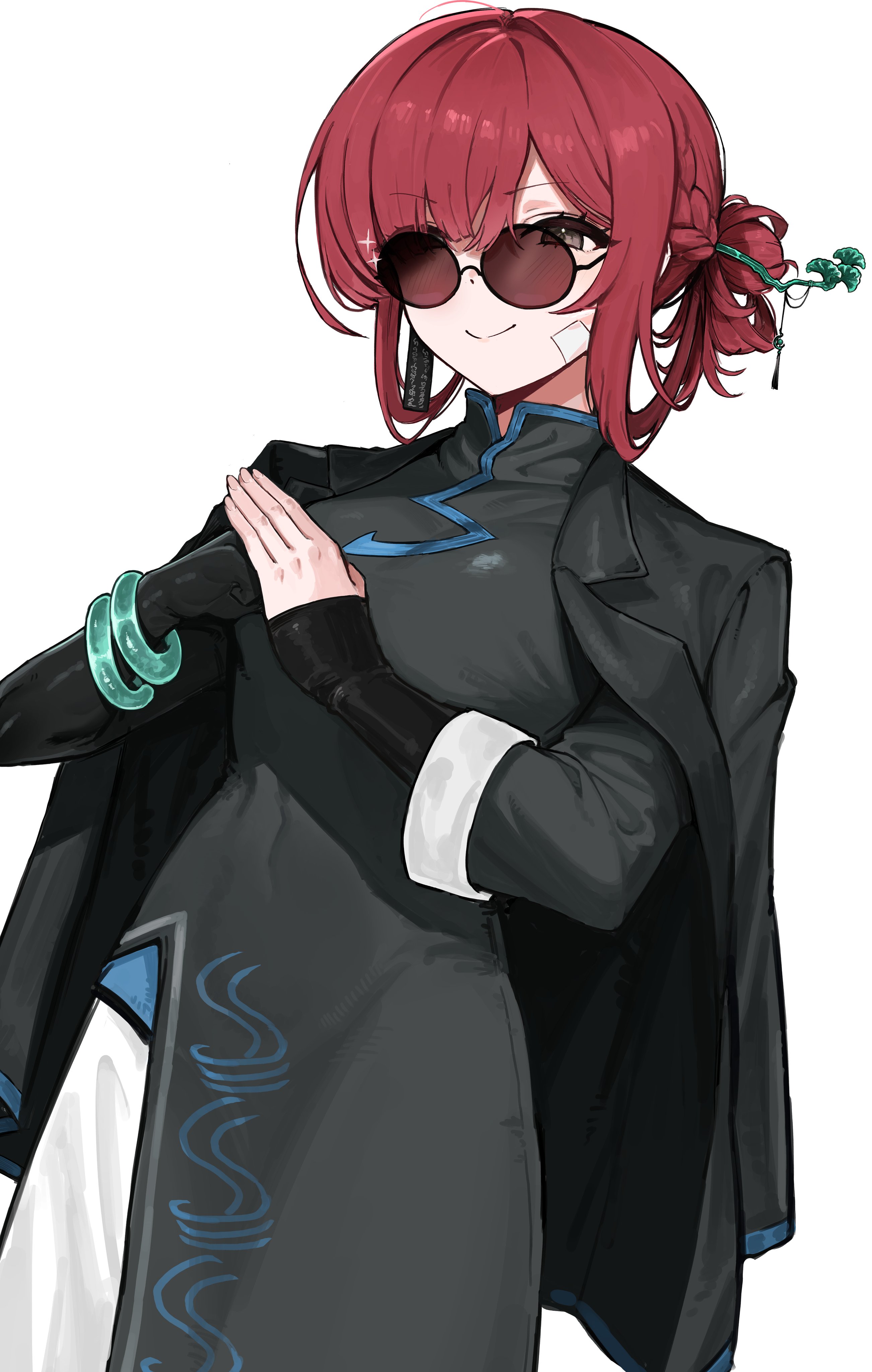 kim nyangpeon, yuri (project moon), limbus company, project moon, absurdres, highres, 1girl, asymmetrical gloves, bandage on face, bandages, black coat, black dress, black gloves, braid, breasts, china dress, chinese clothes, cinq association east uniform, coat, coat on shoulders, cowboy shot, dress, earrings, fist in hand, gloves, grey eyes, hair bun, hair intakes, hair rings, half up braid, jade bracelet, jewelry, light blush, long sleeves, looking at viewer, medium breasts, medium hair, ofuda, ofuda earrings, pants, red hair, side slit, single earring, single hair bun, single sleeve, smile, solo, white pants, white sleeve cuffs