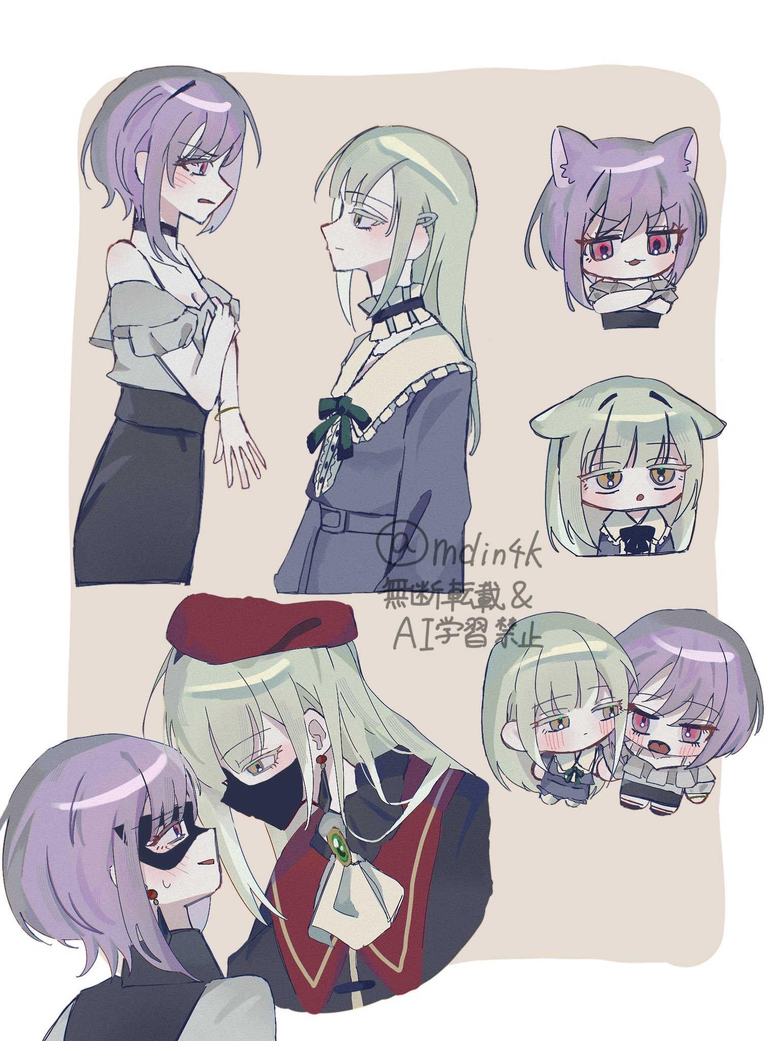 mdin4k, amoris (bang dream!), mortis (bang dream!), mortis (costume) (bang dream!), wakaba mutsumi, yuutenji nyamu, bang dream!, bang dream! it's mygo!!!!!, commentary request, highres, 2girls, animal ears, black choker, black mask, black skirt, blue dress, blush, border, brown background, cat ears, choker, dress, frilled choker, frills, green hair, grey shirt, hat, kemonomimi mode, long hair, multiple girls, off-shoulder shirt, off shoulder, open mouth, pink eyes, purple hair, rabbit ears, red hat, shirt, short hair, skirt, twitter username, white border, yellow eyes, yuri
