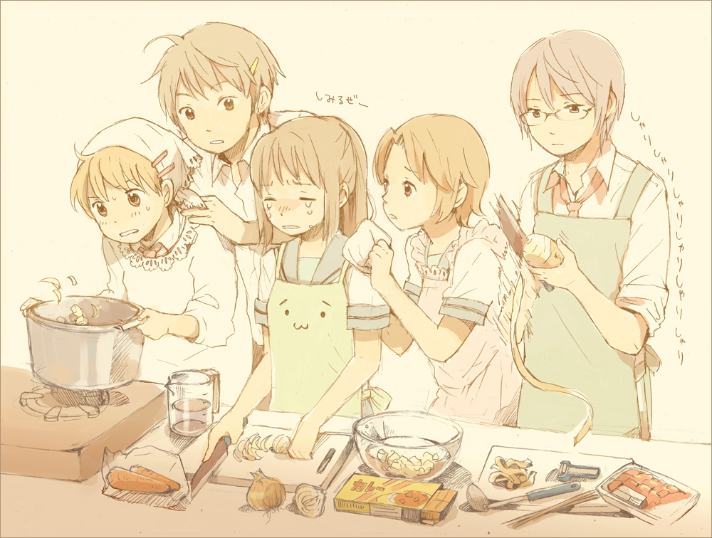 wakana (nagomoo), asahina mikuru, asahina mitsuru, kyonko, nagato yuki, nagato yuuki, suzumiya haruhi, suzumiya haruhiko, suzumiya haruhi no yuuutsu, suzumiya haruhiko no yuuutsu, bad id, bad pixiv id, 00s, 2girls, 3boys, :3, cooking, genderswap, genderswap (ftm), genderswap (mtf), multiple boys, multiple girls, onion, ponytail, school uniform, serafuku