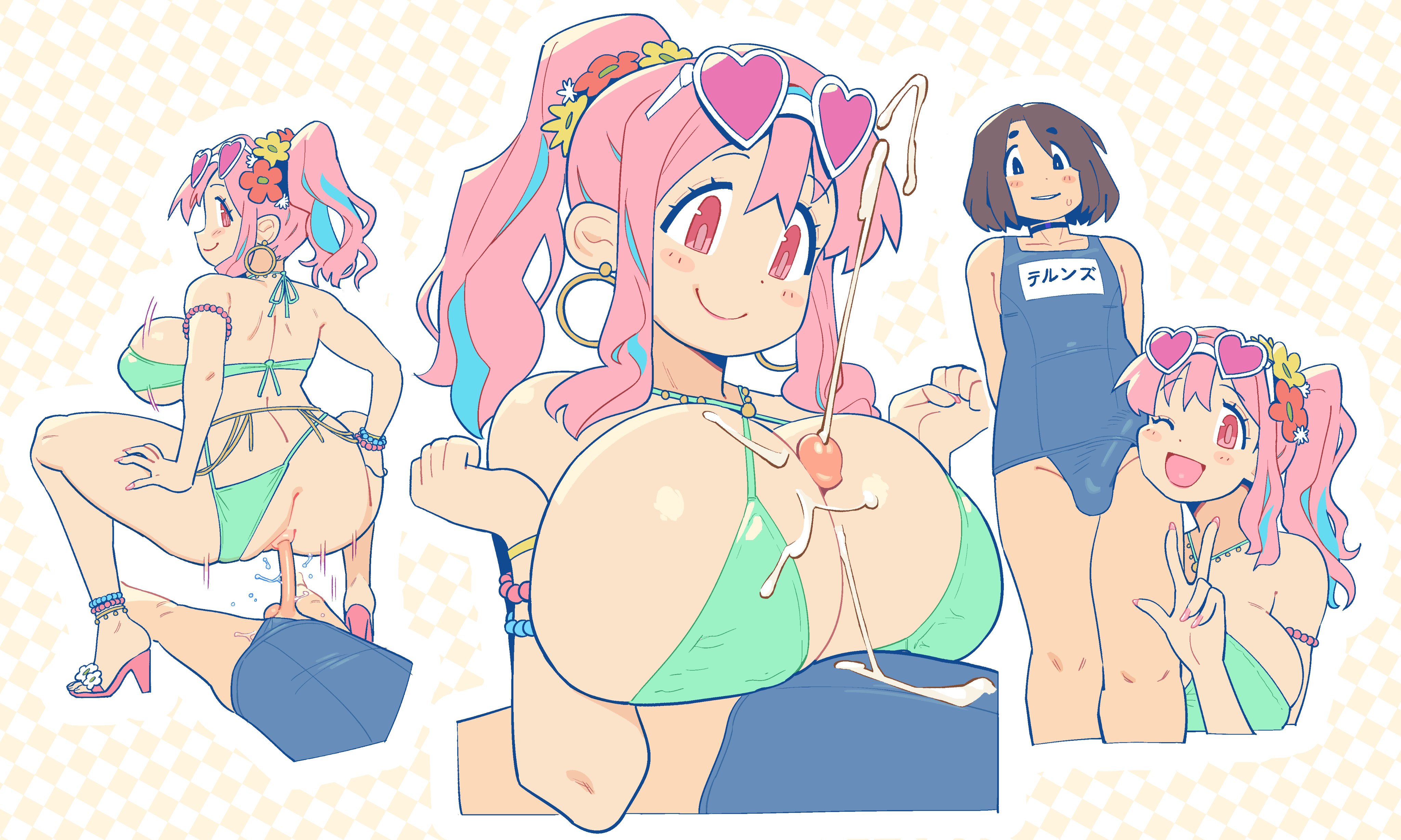 noill, hozuki kaede, onii-chan wa oshimai!, absurdres, character request, highres, tagme, 1boy, 1girl, anal, ass, bikini, breasts, cum, eyewear on head, hetero, large breasts, multicolored hair, one-piece swimsuit, paizuri, pink hair, ponytail, school swimsuit, sex, streaked hair, sunglasses, swimsuit, trap