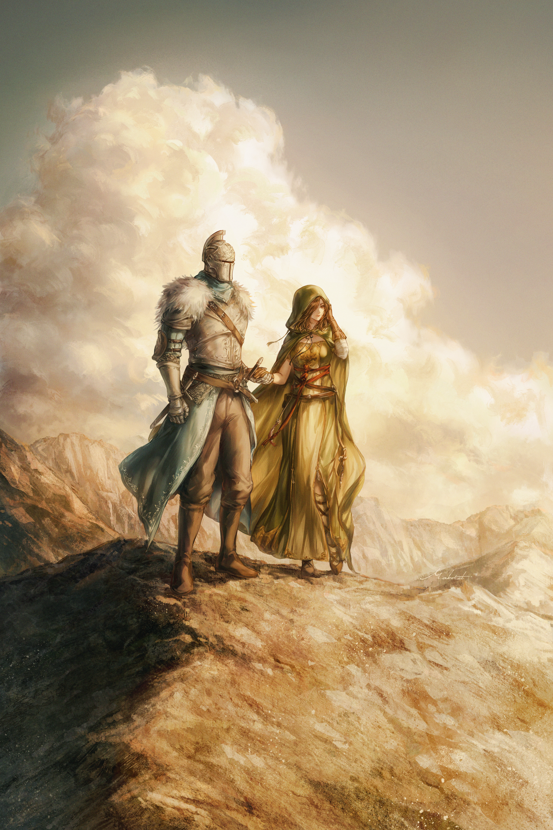 bearer of the curse, emerald herald, dark souls (series), dark souls ii, absurdres, highres, 1boy, 1girl, armor, brown eyes, brown hair, cliff, cloak, helmet, holding hands, hood, hooded cloak, knight, looking to the side, mabotnb, signature, sky