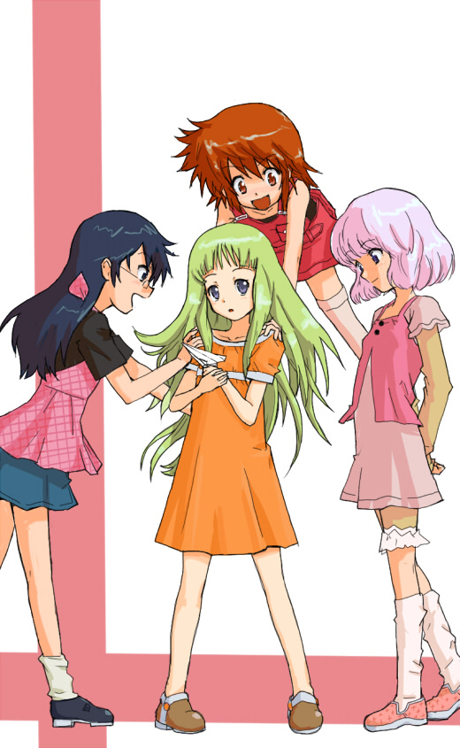 yokoyoko, akashi kaoru, nogami aoi, sannomiya shiho, zettai karen children, 00s, 4girls, black hair, brown hair, green hair, multiple girls, purple hair