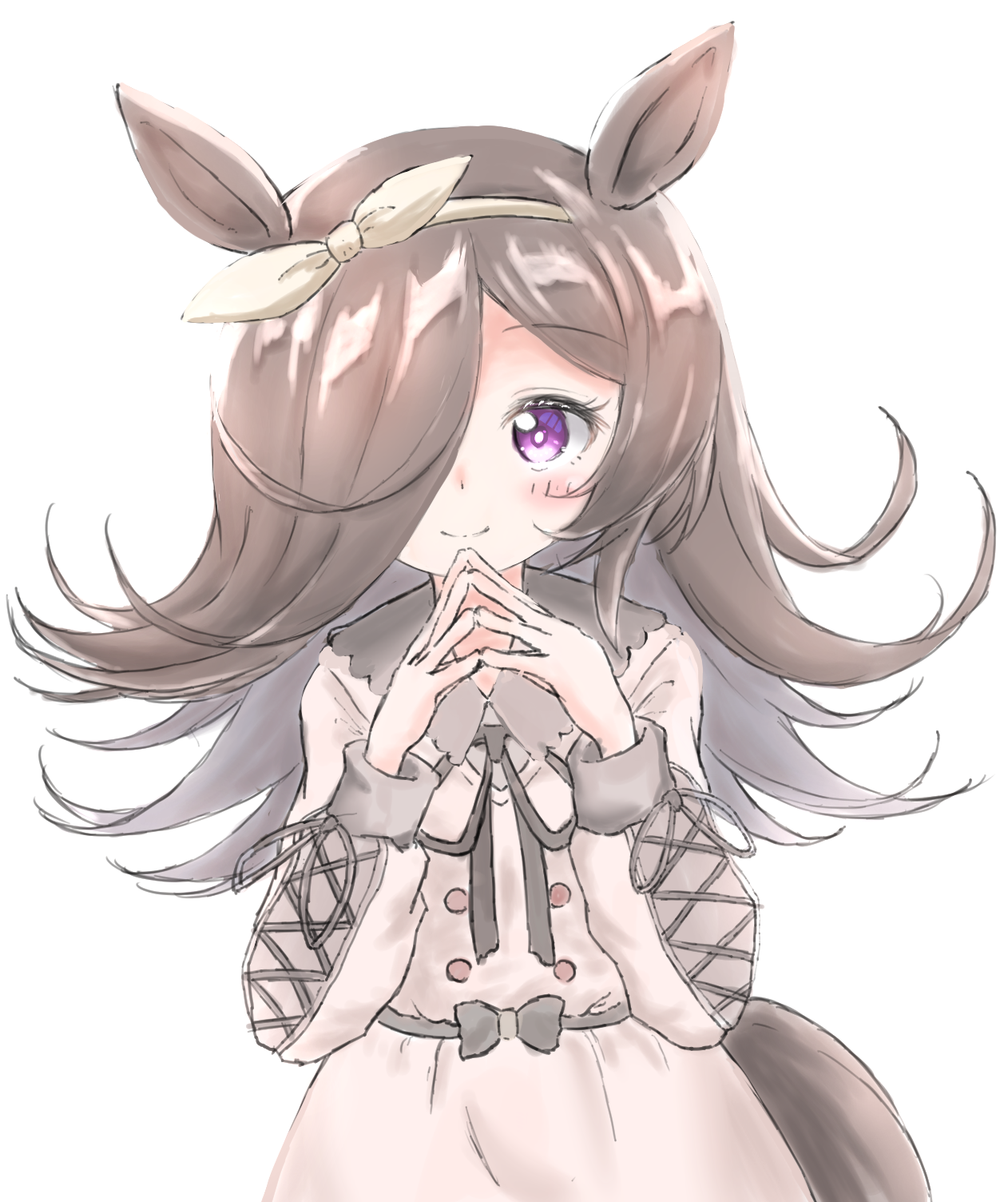 norippe (user zgsf8872), rice shower (umamusume), umamusume, commentary request, highres, 1girl, animal ears, black ribbon, blush, brown dress, brown hair, brown hairband, brown ribbon, closed mouth, collared dress, dress, hair over one eye, hair ribbon, hairband, horse ears, horse girl, horse tail, long sleeves, neck ribbon, puffy long sleeves, puffy sleeves, purple eyes, ribbon, rice shower (casual) (umamusume), simple background, smile, solo, steepled fingers, tail, white background