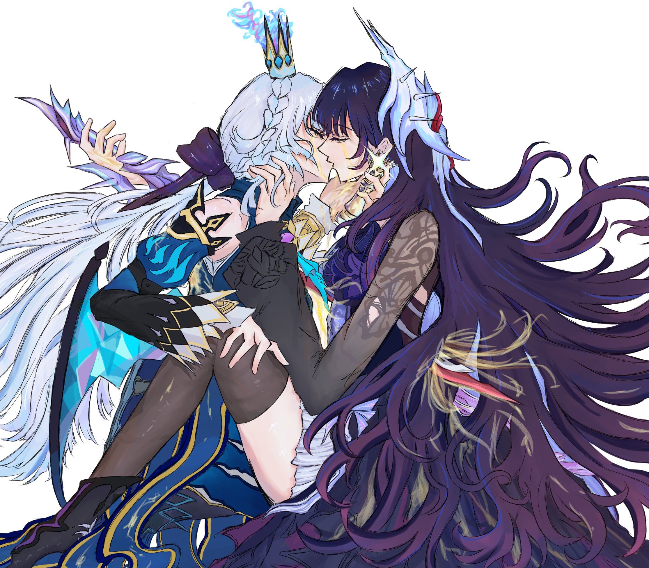 cerydra (honkai: star rail), hysilens (honkai: star rail), honkai: star rail, honkai (series), commentary, highres, 2girls, black boots, black dress, black thighhighs, blue dress, blue hair, boots, braid, chess piece, closed eyes, crown, dress, eokinffff111, hand on another's face, hand on another's thigh, holding, holding chess piece, holding sword, holding weapon, impaled, kiss, long hair, long sleeves, multiple girls, purple hair, simple background, sword, thighhighs, weapon, white background, yuri