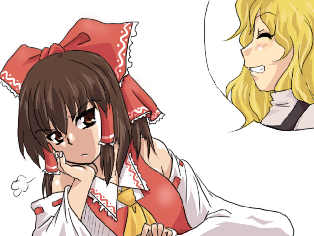hakurei reimu, kirisame marisa, touhou, 2girls, detached sleeves, female focus, japanese clothes, miko, multiple girls, simple background, white background