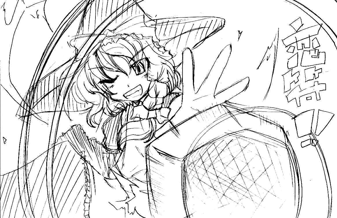 ishimori sakana, sakana (flame sakana), sakana (pixiv), kirisame marisa, touhou, bad id, bad pixiv id, 1girl, female focus, foreshortening, greyscale, grin, hat, monochrome, one eye closed, sketch, smile, solo, wink, witch, witch hat
