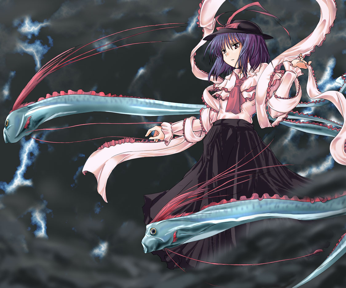 sakurai miyo, sakurai sanshi, nagae iku, touhou, scan, 1girl, ascot, black hat, black skirt, blue eyes, capelet, cloud, expressionless, female focus, fish, frills, full body, hat, hat ribbon, lamp, long skirt, long sleeves, oarfish, pink eyes, pink scarf, pink shirt, purple hair, red ascot, red eyes, red ribbon, ribbon, scarf, shirt, short hair, skirt, solo, thunder