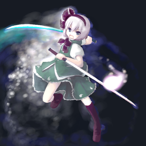 tsubasa (abchipika), konpaku youmu, konpaku youmu (ghost), touhou, lowres, 1girl, blue eyes, boots, dual wielding, female focus, hairband, hitodama, holding, katana, short hair, solo, sword, weapon, white hair
