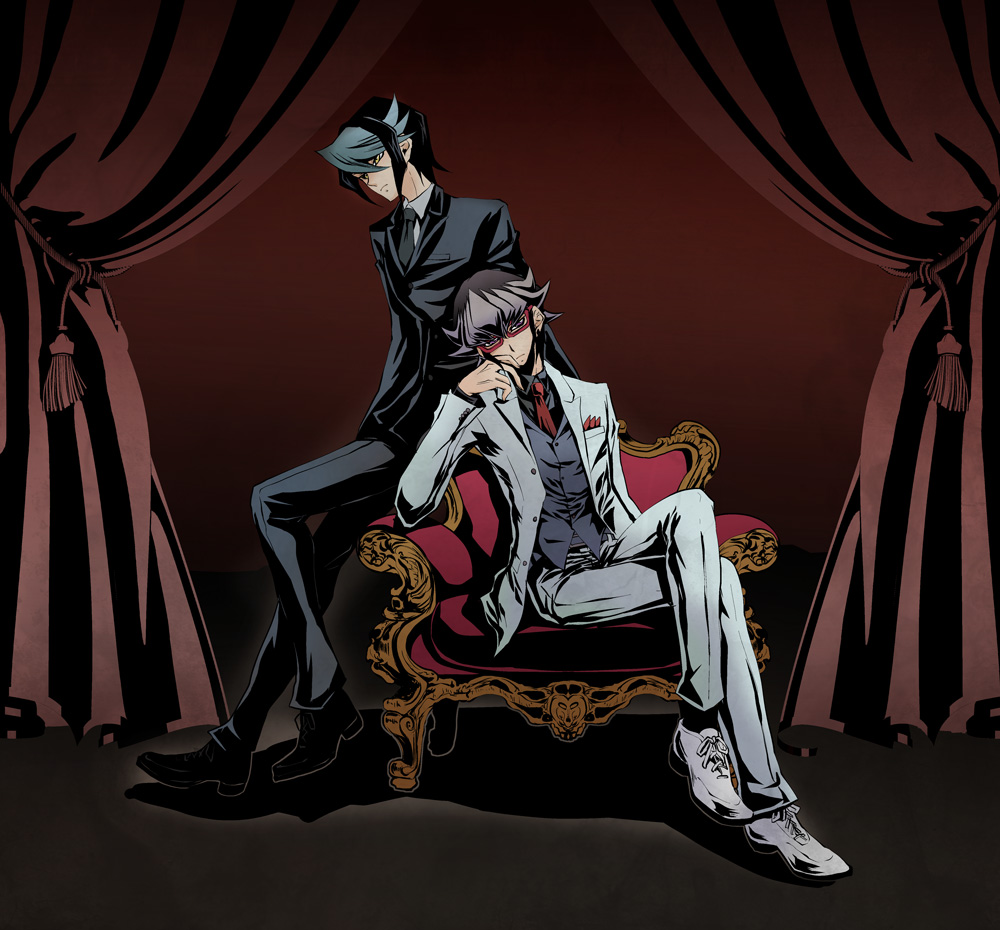 saika318, akaba reiji, kurosaki shun (yu-gi-oh!), yu-gi-oh!, yu-gi-oh! arc-v, 2boys, arm rest, behind another, black coat, black hair, black necktie, black pants, black shoes, blazer, brown hair, chair, coat, colored bangs, crossed legs, curtains, dress shirt, facing to the side, formal clothes, grey eyes, grey shirt, hand on own cheek, hand on own face, hand rest, indoors, jacket, leaning back, leaning on object, looking to the side, male focus, multiple boys, muted color, necktie, on chair, open clothes, open coat, pants, pocket square, red-framed eyewear, red background, red necktie, semi-rimless eyewear, shirt, shoes, sitting, stage, under-rim eyewear, vest, waistcoat, white coat, white pants, white shoes