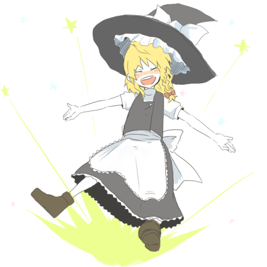 katayudetamago, kirisame marisa, touhou, bad id, bad pixiv id, 1girl, blonde hair, closed eyes, female focus, full body, hat, skirt, smile, solo, white background, witch, witch hat