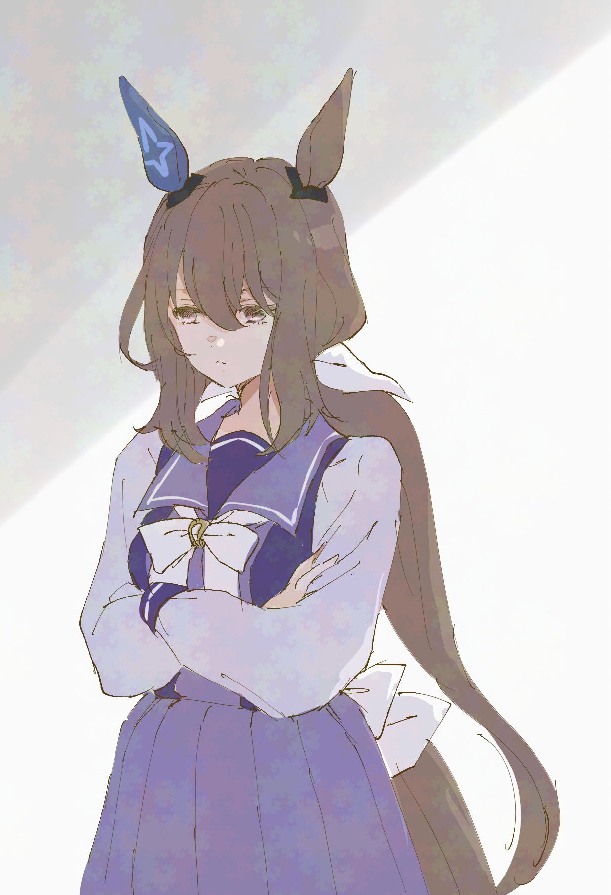 yoiisand, admire vega (umamusume), umamusume, highres, 1girl, animal ears, bow, breasts, brown hair, closed mouth, crossed arms, ear covers, ear ornament, hair between eyes, hair ornament, horse ears, horse girl, horse tail, long hair, long sleeves, low ponytail, ponytail, purple eyes, purple sailor collar, purple serafuku, purple shirt, purple skirt, sailor collar, sailor shirt, school uniform, serafuku, shirt, simple background, single ear cover, skirt, solo, tail, tracen school uniform, white bow