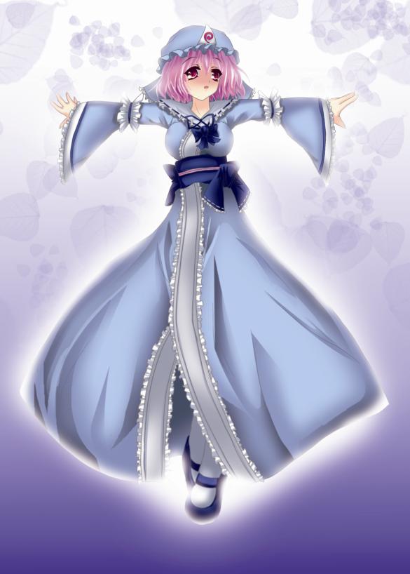 negamaro, saigyouji yuyuko, touhou, 1girl, breasts, dress, female focus, full body, gradient background, hat, japanese clothes, outstretched arms, pink hair, solo, spread arms, white background