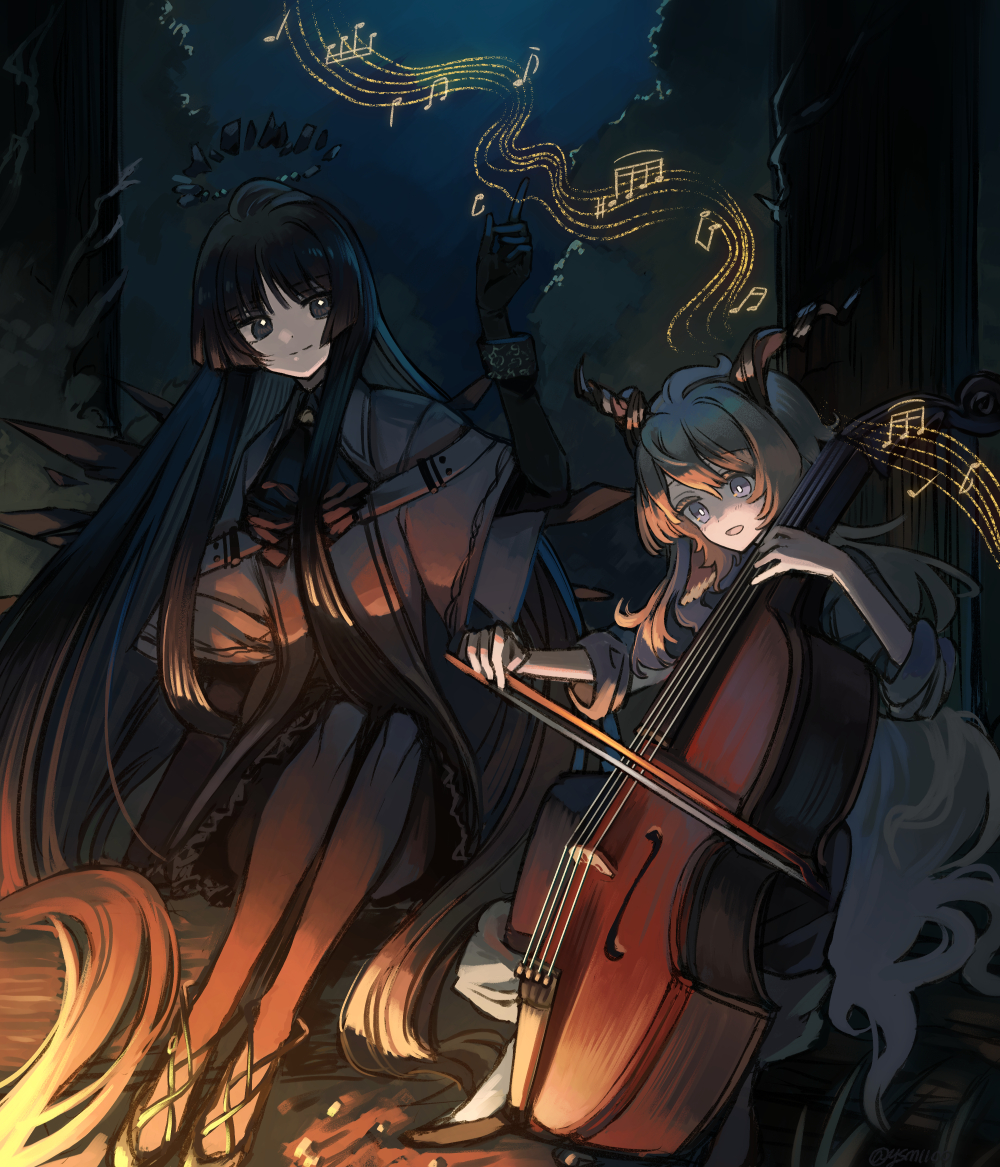 ysm1100, kreide (arknights), virtuosa (arknights), arknights, 1boy, 1girl, :d, androgynous, black hair, black halo, cello, halo, horns, instrument, looking at another, looking down, music, musical note, open mouth, pantyhose, playing instrument, smile, white hair