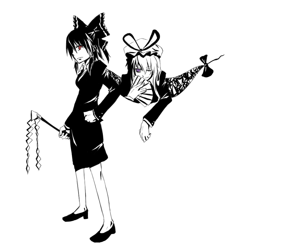 haruichi (sazanami complex), hakurei reimu, yakumo yukari, touhou, 2girls, alternate costume, bow, contemporary, female focus, folding fan, formal clothes, gap (touhou), gohei, greyscale, hand fan, hand on own hip, hip focus, jacket, monochrome, multiple girls, one eye closed, pencil skirt, purple eyes, red eyes, skirt, skirt suit, spot color, suit, wink
