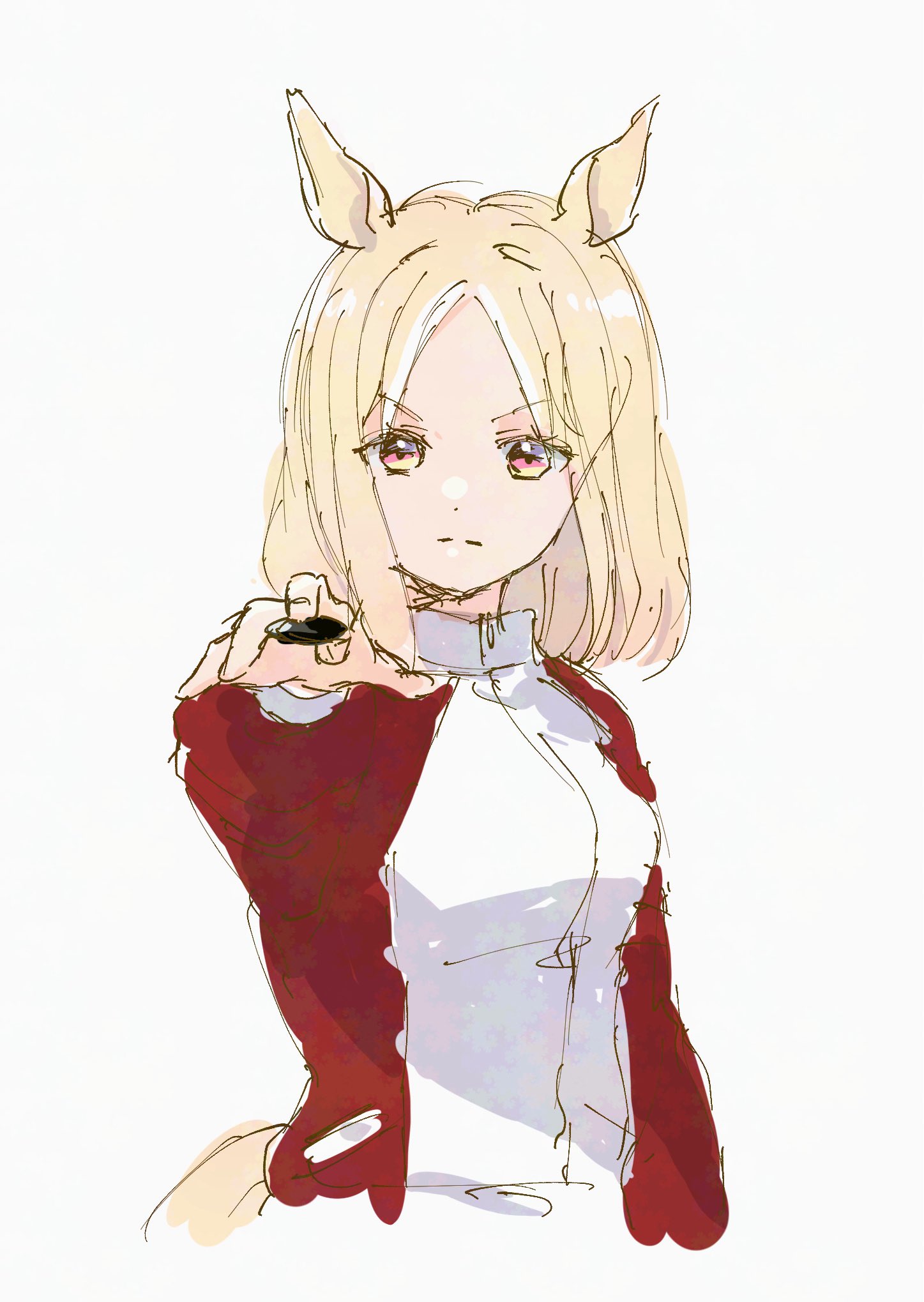 yoiisand, narita top road (umamusume), umamusume, highres, 1girl, animal ears, blonde hair, breasts, closed mouth, gradient eyes, horse ears, horse girl, jacket, long sleeves, looking at viewer, medium hair, multicolored eyes, outstretched arm, purple eyes, red jacket, simple background, solo, tracen training uniform, track jacket, upper body, white background