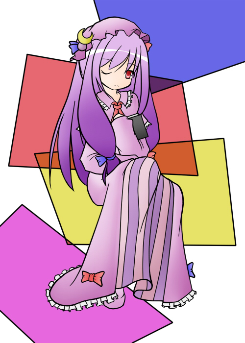 doku tokage, dokutokage, patchouli knowledge, touhou, 1girl, female focus, one eye closed, purple hair, solo, wink
