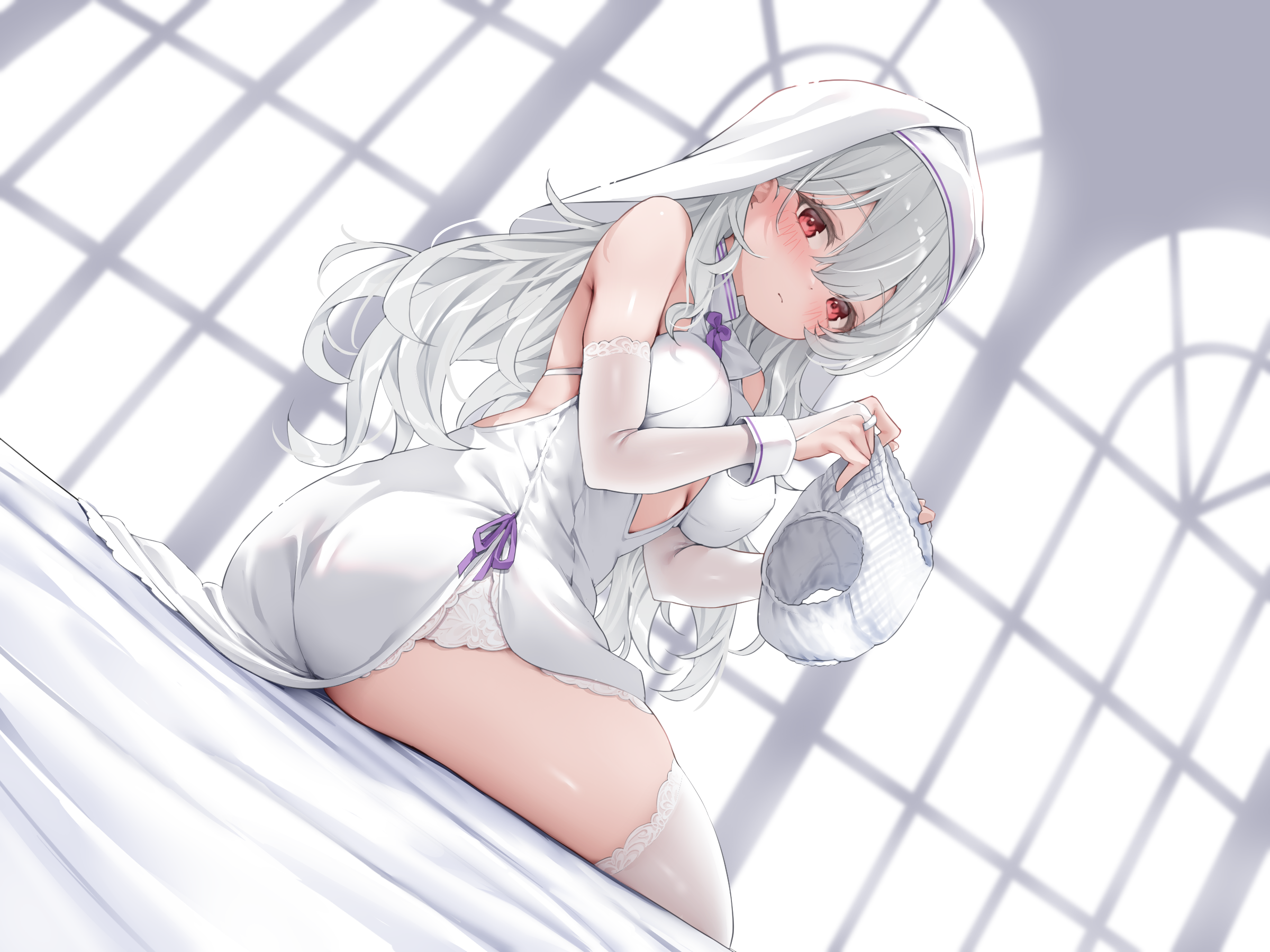 classic (zildjian33), original, highres, 1girl, ass, bare shoulders, bed sheet, blush, bra, breasts, bridal gauntlets, closed mouth, clothing cutout, dress, earrings, elbow gloves, gloves, grey hair, hair between eyes, holding, holding bra, holding panties, holding underwear, holding unworn clothes, indoors, jewelry, lace trim, large breasts, long hair, looking at viewer, looking back, medium breasts, nun, on bed, panties, red eyes, side slit, sitting, sleeveless, sleeveless dress, solo, thighhighs, thighs, underwear, unworn bra, unworn panties, veil, white dress, white gloves, white hair, white panties, white thighhighs, window