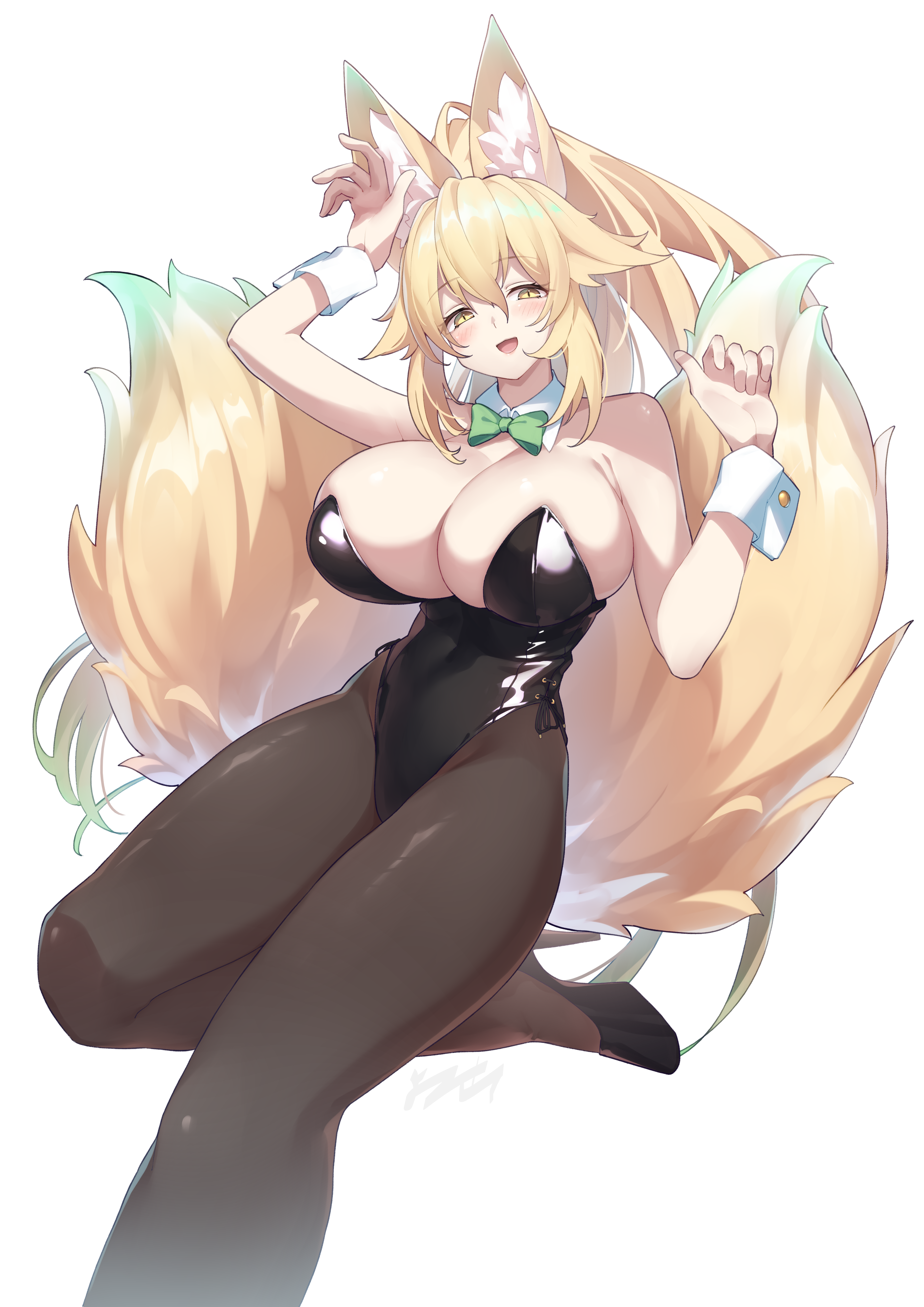 arukiru, original, absurdres, commission, highres, skeb commission, 1girl, :d, animal ear fluff, animal ears, bare arms, black leotard, black pantyhose, blonde hair, blush, bow, bowtie, breasts, cleavage, fox ears, gradient tail, green bow, green bowtie, hair ornament, high heels, kitsune, large breasts, leotard, long hair, looking at viewer, open mouth, pantyhose, playboy bunny, sidelocks, simple background, smile, tail, thighs, white background, wrist cuffs, yellow eyes