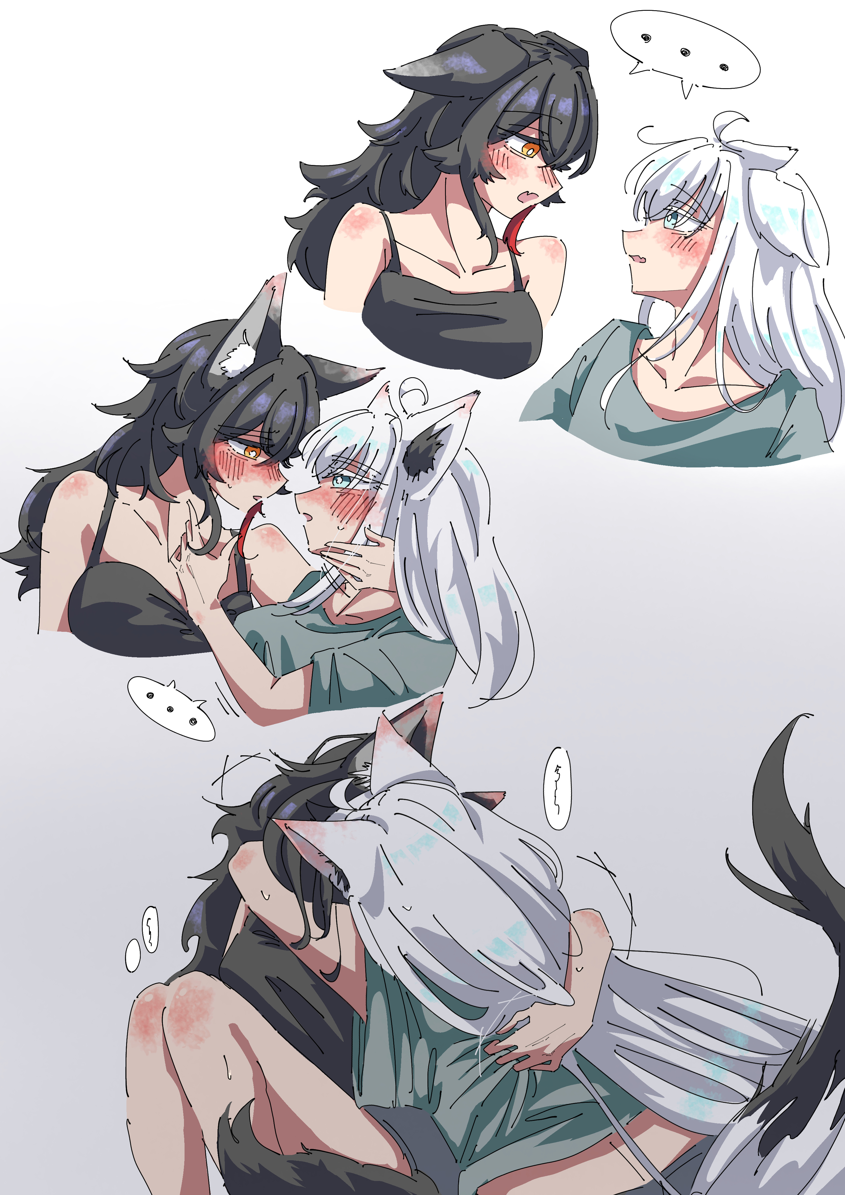 ookami mio, shirakami fubuki, hololive, absurdres, commentary request, highres, …, 2girls, animal ears, arms around neck, black camisole, black hair, blue eyes, blush, camisole, cat ears, cat girl, cat tail, gradient background, grey background, grey shirt, kiss, long hair, multiple girls, open mouth, orange eyes, shira kon, shirt, short sleeves, spoken ellipsis, sweat, tail, white hair, wolf ears, wolf girl, wolf tail, yuri