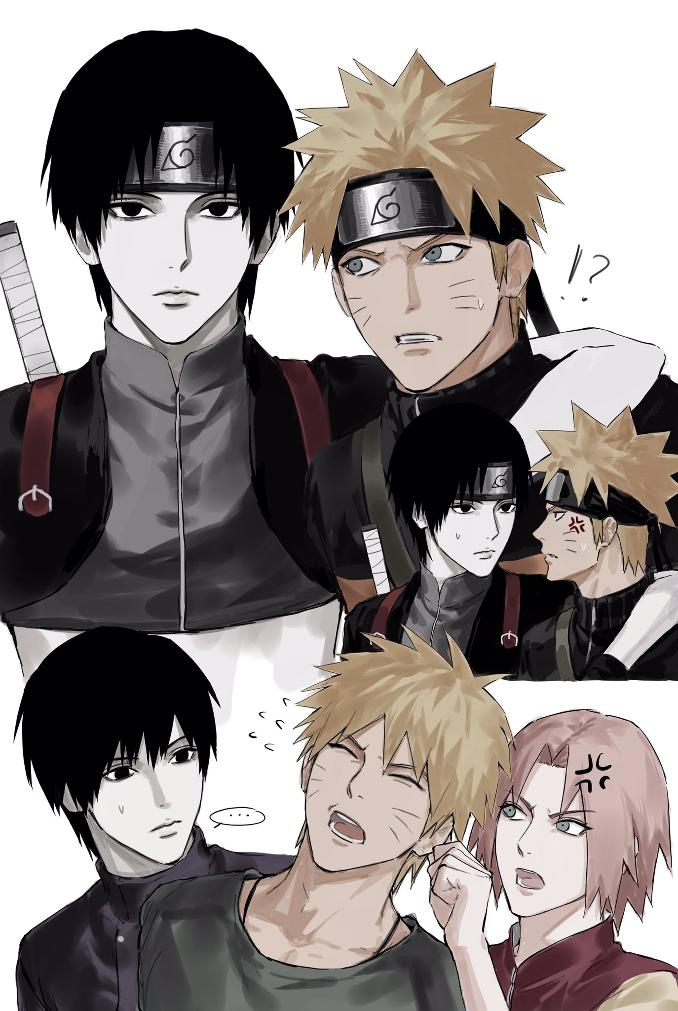 sso s, haruno sakura, sai (naruto), uzumaki naruto, naruto (series), naruto shippuuden, highres, !?, …, 1girl, 2boys, anger vein, annoyed, arm around shoulder, black eyes, black hair, black headband, blonde hair, blue eyes, facial mark, flying sweatdrops, grabbing another's ear, green eyes, hand on another's ear, headband, konohagakure symbol, looking at another, multiple boys, open mouth, pale skin, pink hair, short hair, simple background, speech bubble, sweatdrop, sword, sword on back, teeth, upper body, weapon, weapon on back, whisker markings, white background