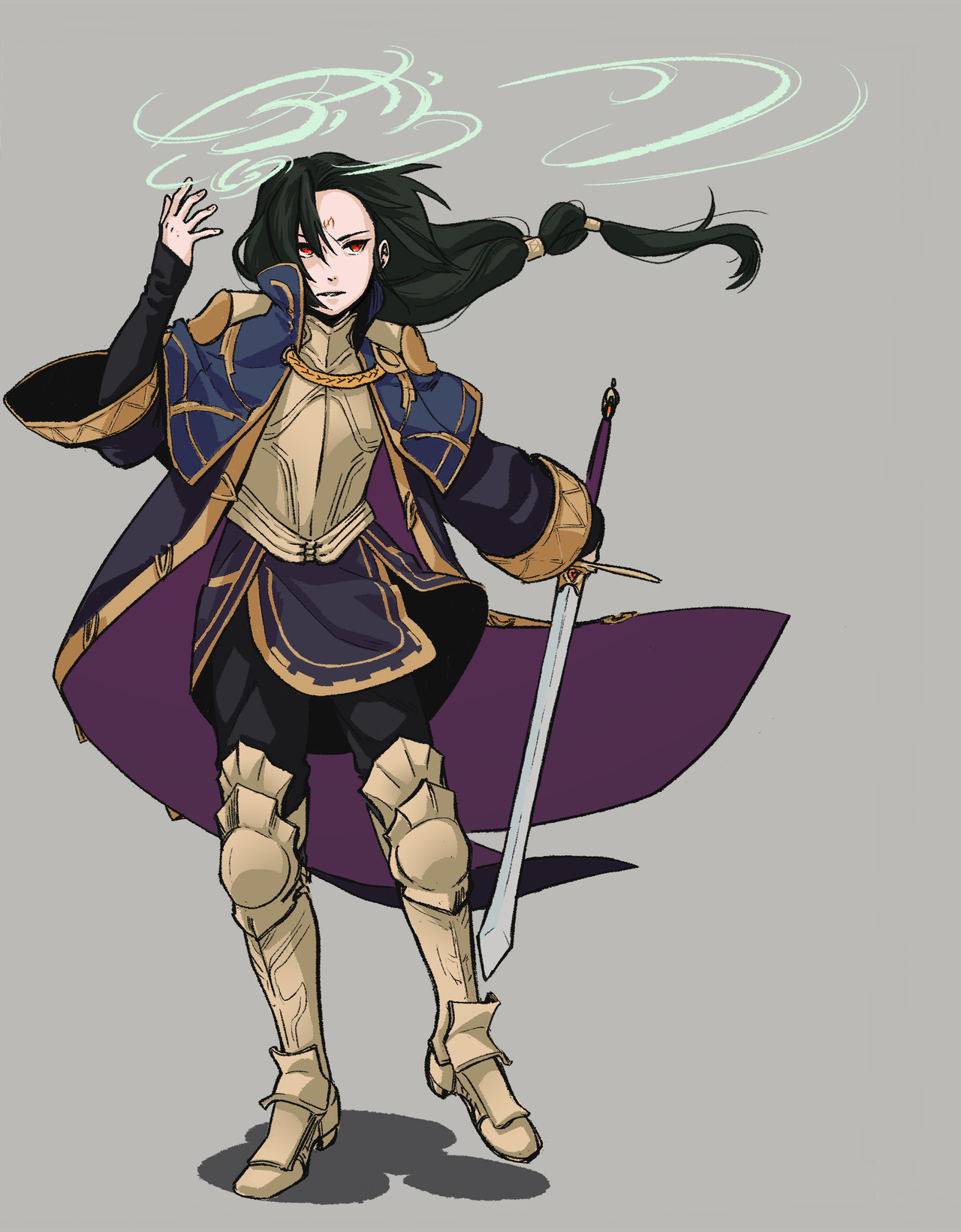 male robin (fire emblem), male robin (grandmaster) (fire emblem), soren (fire emblem), fire emblem, fire emblem: path of radiance, fire emblem awakening, nintendo, commentary, english commentary, highres, 1boy, black hair, cosplay, facial mark, forehead mark, holding, holding sword, holding weapon, illiaccrest, long hair, male focus, male robin (grandmaster) (fire emblem) (cosplay), red eyes, solo, sword, weapon