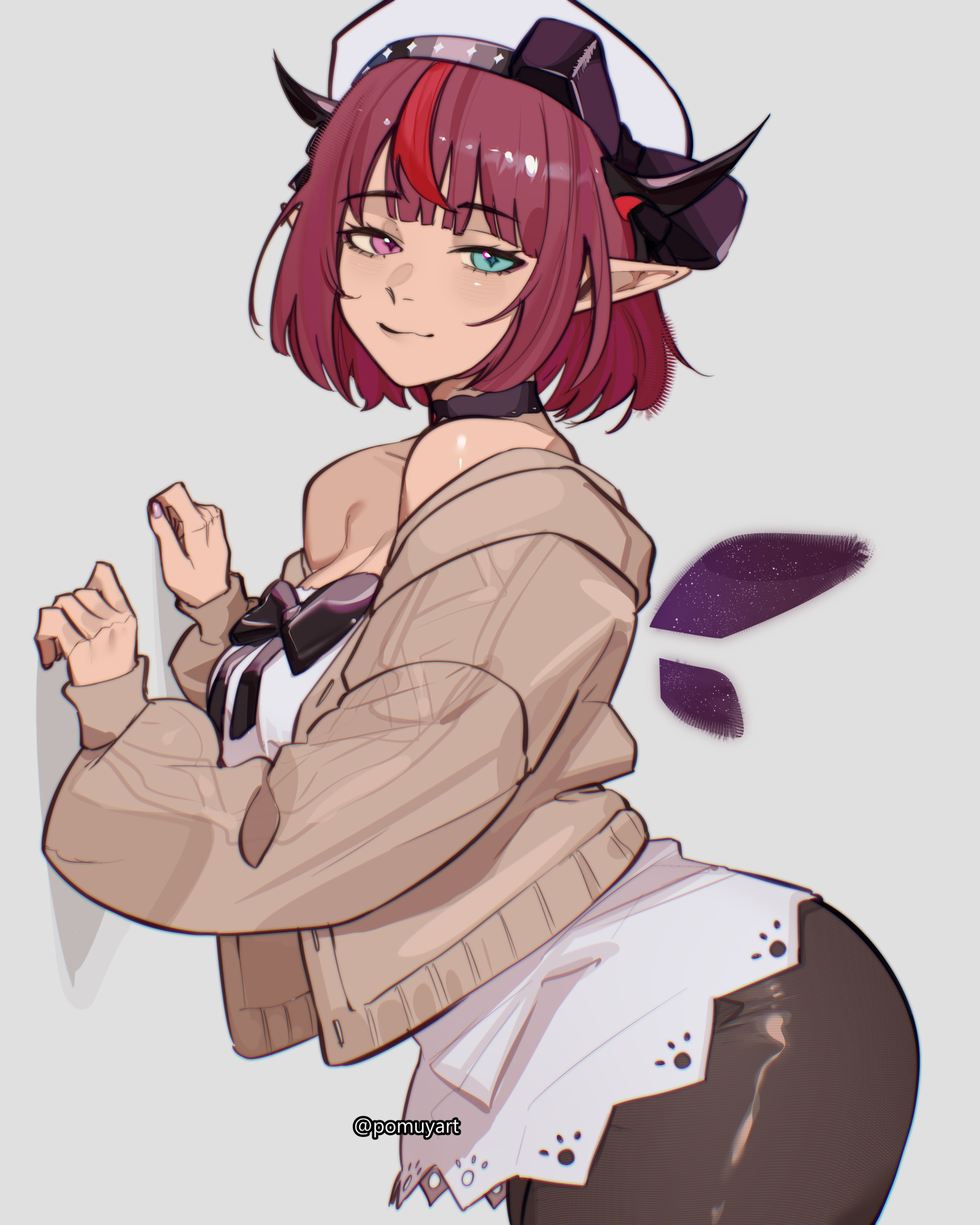 pomuya, irys (casualrys) (hololive), irys (hololive), hololive, hololive english, highres, 1girl, beret, black choker, black pantyhose, blue eyes, blunt bangs, bob cut, bow, breasts, brown cardigan, cable knit, cardigan, chest bow, choker, cleavage, closed mouth, crystal wings, dress, from side, grey background, hat, hat bow, heterochromia, hood, hooded cardigan, horns, large breasts, light smile, long sleeves, looking at viewer, official alternate costume, open cardigan, open clothes, pantyhose, pink eyes, pointy ears, puffy long sleeves, puffy sleeves, purple hair, red hair, short dress, short hair, simple background, solo, sparkle print, star-shaped pupils, star (symbol), symbol-shaped pupils, virtual youtuber, white dress, white hat, wings