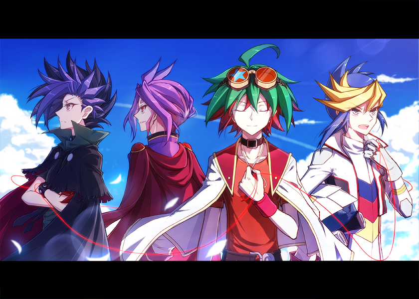 cang (iphis233), hugo (yu-gi-oh!), joeri (yu-gi-oh!), sakaki yuya, ute (yu-gi-oh!), yu-gi-oh!, yu-gi-oh! arc-v, 4boys, ahoge, arm at side, belt, black border, black cape, black capelet, black choker, black hair, black necktie, black wrist cuffs, blue eyes, blue hair, blue sky, bodysuit, border, brown belt, cape, capelet, choker, closed eyes, cloud, cloudy sky, colored bangs, crossed arms, dappled sunlight, dress shirt, epaulettes, facing away, facing to the side, facing viewer, gloves, goggles, goggles on head, green hair, green shirt, hair slicked back, hand on own chest, hand up, helmet, holding, holding string, holding unworn helmet, jacket, jacket on shoulders, letterboxed, light particles, looking to the side, loose necktie, male focus, multiple boys, necktie, open clothes, open jacket, open mouth, outdoors, parted bangs, pendulum, popped collar, purple eyes, purple hair, purple shirt, racing suit, red cape, red hair, red shirt, red wrist cuffs, shirt, sky, smile, spiked hair, string, string around finger, string of fate, sunlight, swept bangs, torn cape, torn clothes, torn shirt, unworn headwear, unworn helmet, unworn jacket, upper body, white bodysuit, white gloves, white helmet, wind, wrist cuffs
