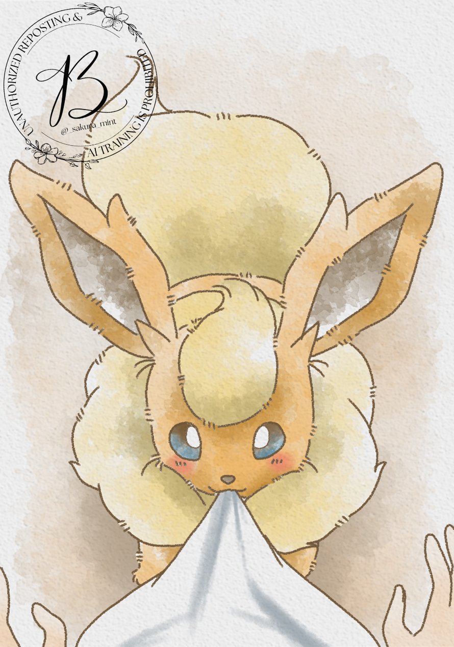 baya (sakura mint), flareon, nintendo, pokemon, highres, 1other, animal focus, blue eyes, blush, closed mouth, clothes in mouth, gen 1 pokemon, mouth hold, neck fur, orange fur, pokemon (creature), pokemon focus, pov, shirt, shirt in mouth, smile, solo focus, tail, white shirt, yellow fur
