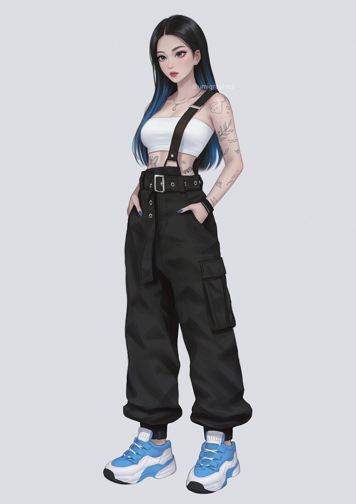 umigraphics, original, highres, 1girl, arm tattoo, artist name, black hair, blue hair, blue nails, breasts, cargo pants, closed mouth, collarbone, earrings, full body, grey background, hands in pockets, jewelry, long hair, medium breasts, multicolored hair, nail polish, necklace, pants, shoes, simple background, solo, standing, stingray, strapless, tattoo, tube top, two-tone hair, watermark, white tube top
