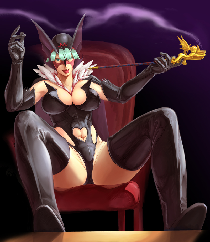 kurohachi, doronjo, lilith (darkstalkers), morrigan aensland, capcom, darkstalkers, time bokan (series), yatterman, bad id, bad pixiv id, 1girl, :p, breasts, cleavage, cosplay, demon girl, doronjo (cosplay), elbow gloves, female focus, gloves, holding, holding smoking pipe, kiseru, large breasts, latex, latex gloves, legs, long legs, mask, navel, sitting, smoking pipe, solo, spread legs, thick thighs, thighhighs, thighs, tongue, tongue out