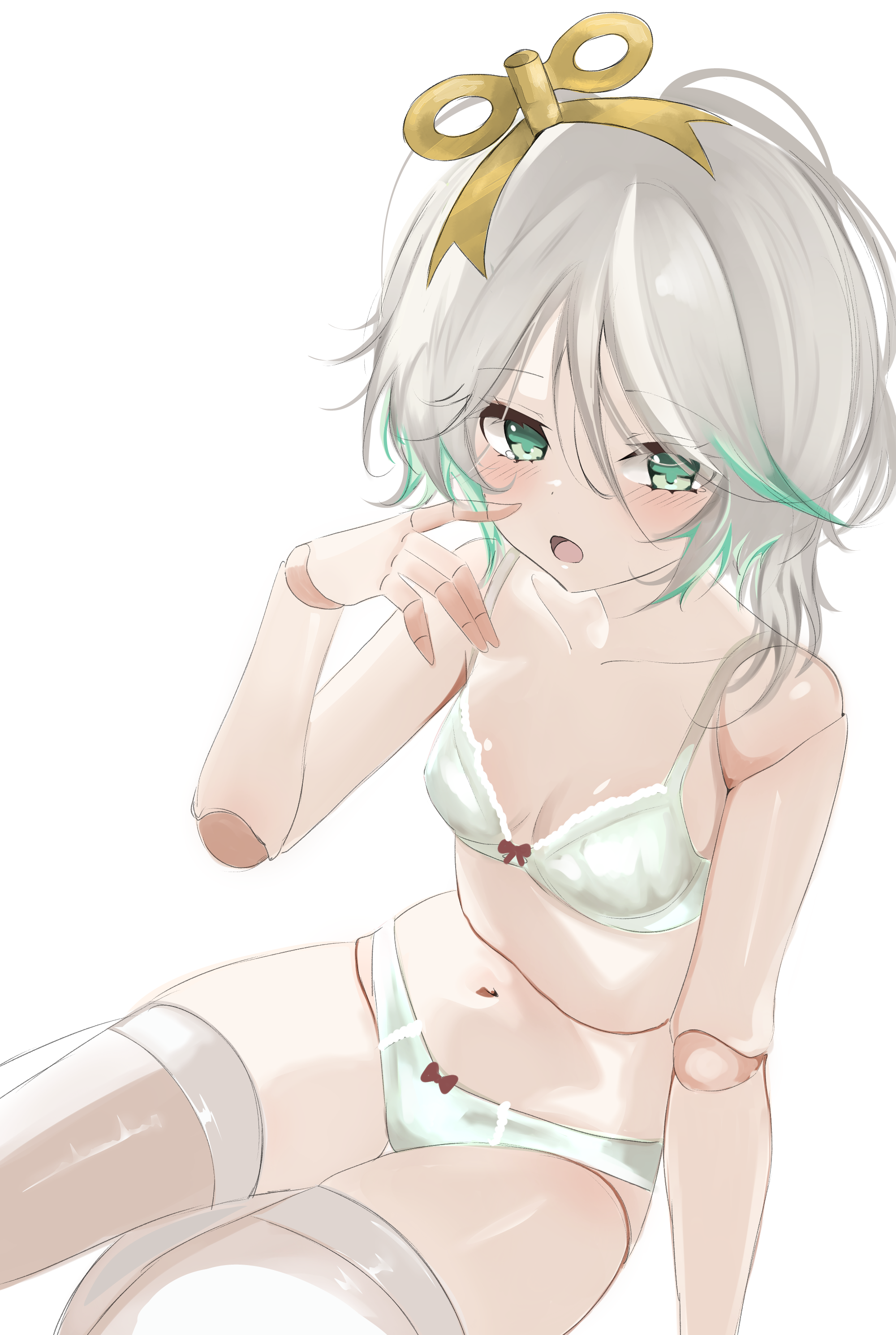 puponya, cecilia immergreen, hololive, hololive english, absurdres, highres, 1girl, alternate costume, bra, breasts, doll joints, gradient hair, green eyes, green hair, grey hair, hair between eyes, joints, medium hair, multicolored hair, navel, open mouth, panties, simple background, small breasts, solo, thighhighs, underwear, virtual youtuber, white background, white bra, white panties, white thighhighs, winding key