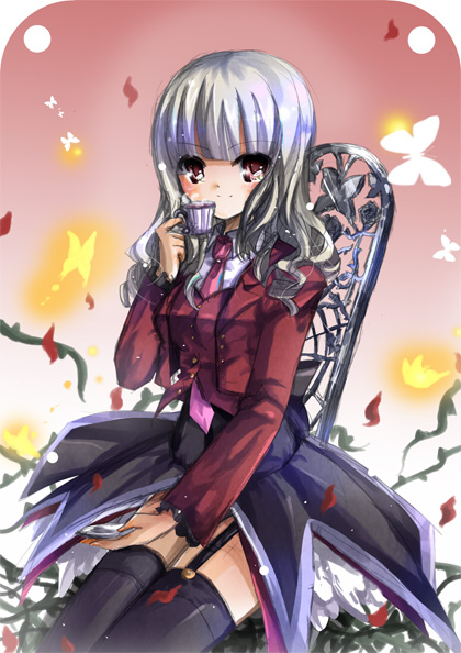aquamarine, satan (umineko), umineko no naku koro ni, silver hair, 00s, 1girl, female focus, necktie, pink necktie, red eyes, solo, thighhighs