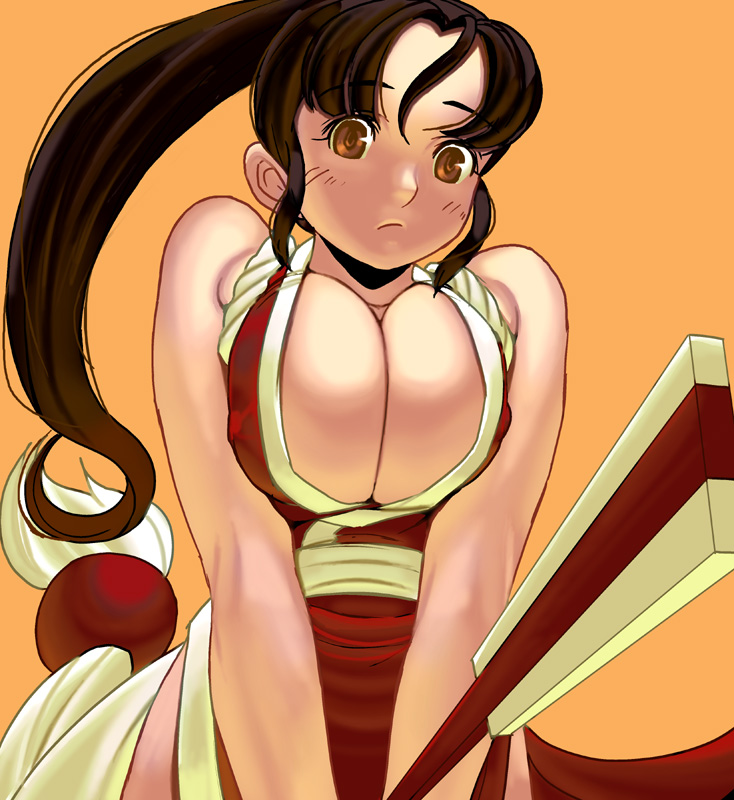 kouno (masao), shiranui mai, fatal fury, snk, the king of fighters, bad id, bad pixiv id, 1girl, breasts, breasts squeezed together, brown eyes, brown hair, cleavage, female focus, folded fan, folding fan, hand fan, high ponytail, huge breasts, large breasts, long hair, off shoulder, pelvic curtain, ponytail, solo