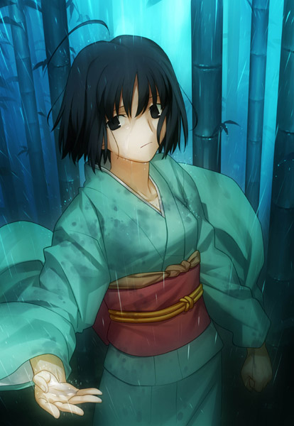 takeuchi takashi, ryougi shiki, kara no kyoukai, non-web source, official art, 1girl, ahoge, bamboo, bamboo forest, black hair, female focus, forest, japanese clothes, kimono, nature, rain, short hair, solo
