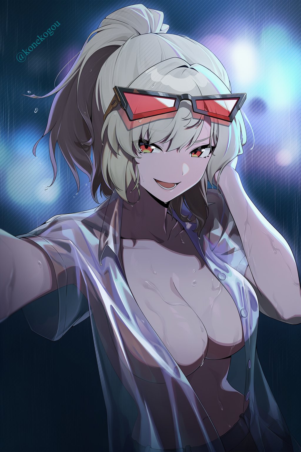 burnice white, zenless zone zero, highres, 1girl, alternate hairstyle, blonde hair, blurry, bokeh, breasts, cleavage, collared shirt, dark, depth of field, eyewear on head, hand on own head, konekogou, large breasts, looking at viewer, lower teeth only, navel, open clothes, open mouth, open shirt, outdoors, ponytail, rain, red-tinted eyewear, red eyes, see-through clothes, see-through shirt, selfie, shirt, smile, solo, sunglasses, teeth, tinted eyewear, wet, white shirt