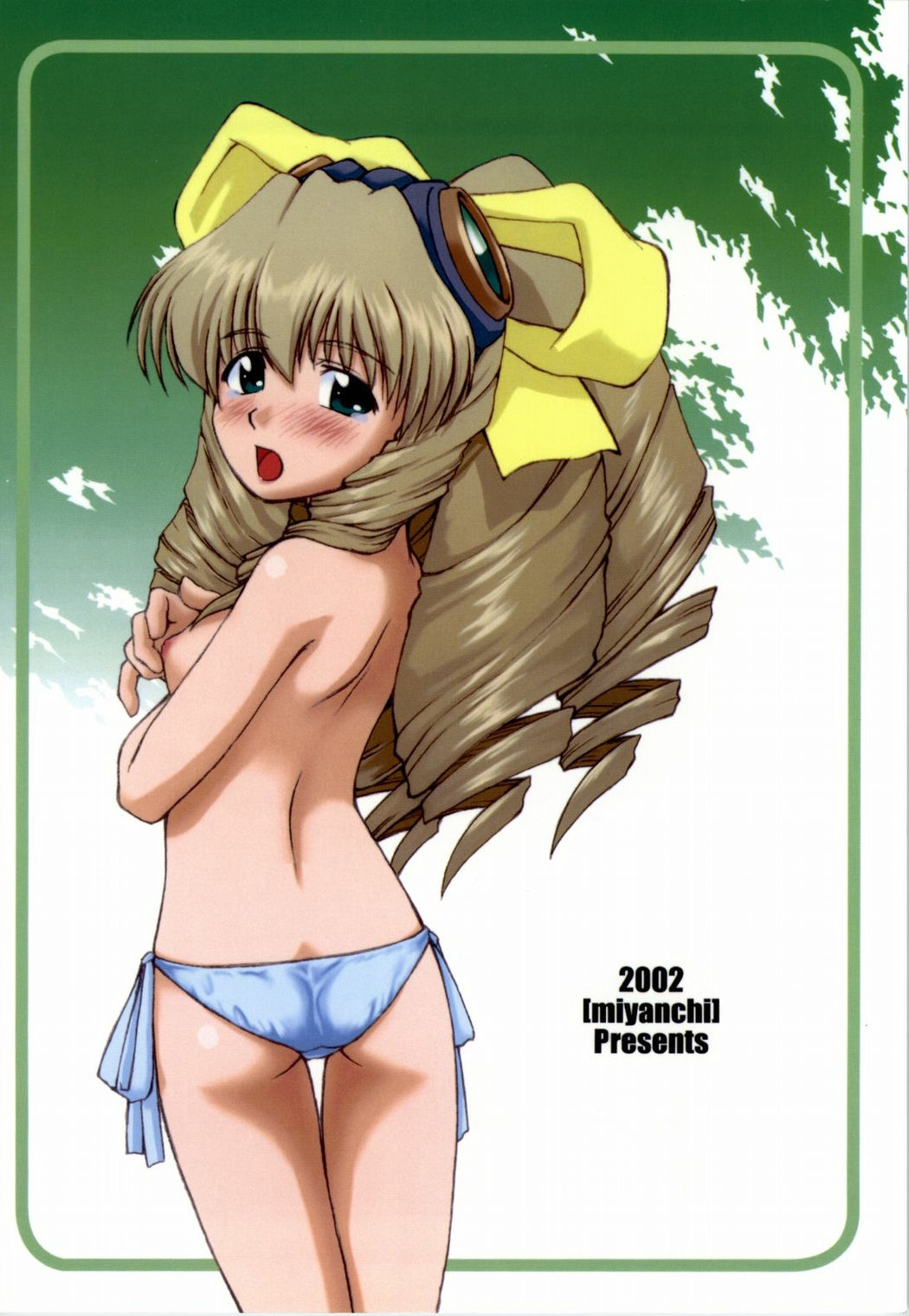 miyagoe yoshitsuki, maria balthasar, xenogears, highres, 1girl, ass, bikini, blush, bow, breasts, brown hair, drill hair, embarrassed, female focus, from behind, green eyes, loli, looking back, panties, side-tie bikini bottom, side-tie panties, small breasts, solo, swimsuit, tears, topless female, underwear, white bikini, yellow bow